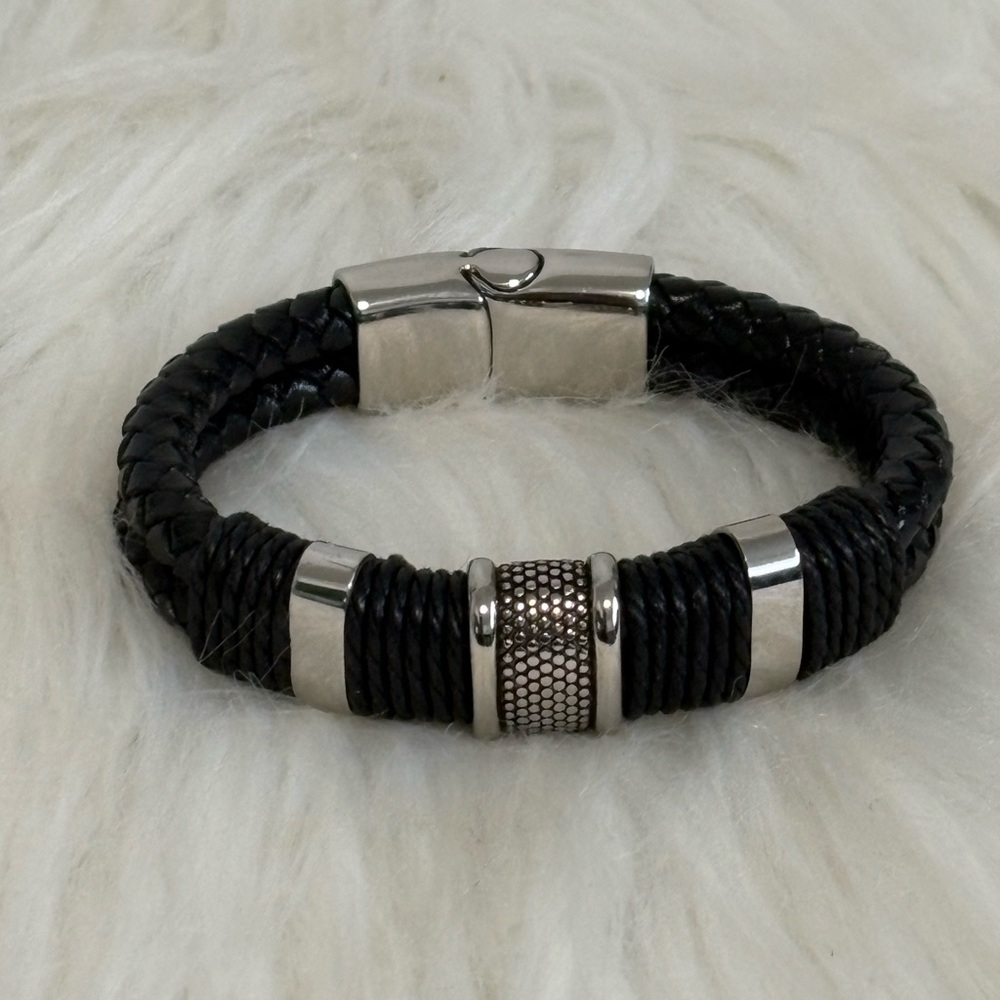 Source Unknown Black Braided Leather Bracelet with Silver Accents
